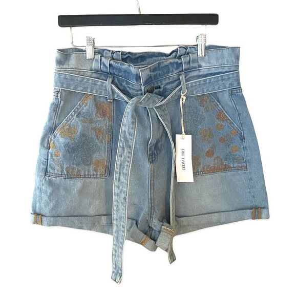 DRIFTWOOD Free People embroidered paper bag waist denim tie shorts NWT sz 32 - Picture 4 of 10